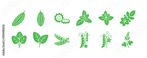Bitter gourd, Mint leaves, Spinach, Green peas, Papaya, Lemon, icon

