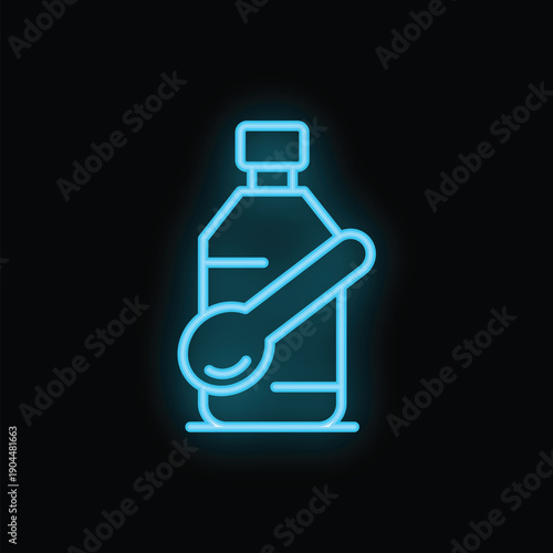 Blue neon sign of a medicine bottle with a spoon glowing on a black background