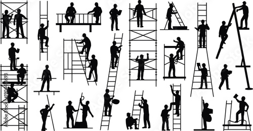 Construction workers scaffolding silhouettes collection, builders climbing ladders and installing structures, industrial maintenance team performing building site operations, vector illustration