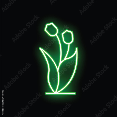 Green neon sign depicting a flower growing in a pot, perfect for projects related to nature, decoration, and urban vibes