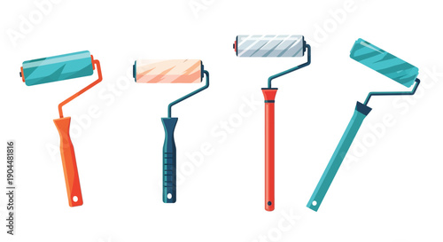 Four colorful paint rollers arranged in a row showcasing different designs