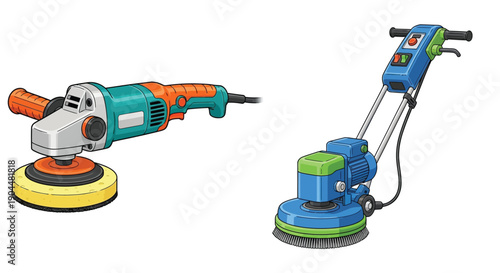 Two power tools an angle grinder and a floor polisher isolated on white