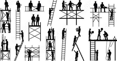 Construction workers scaffolding silhouettes set, builders assembling structures and climbing ladders, industrial installation workforce performing building site operations, vector illustration