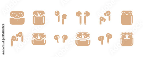 Set of icons featuring AirPods, earphones, and headphones

