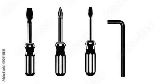A collection of screwdrivers and an allen wrench on a white background