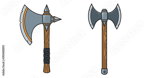 Two medieval battle axes illustrated in a simple cartoon style