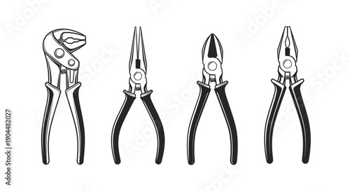 Four different types of pliers displayed in a monochrome sketch style