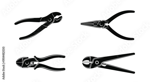 Black and white illustration of four different types of pliers