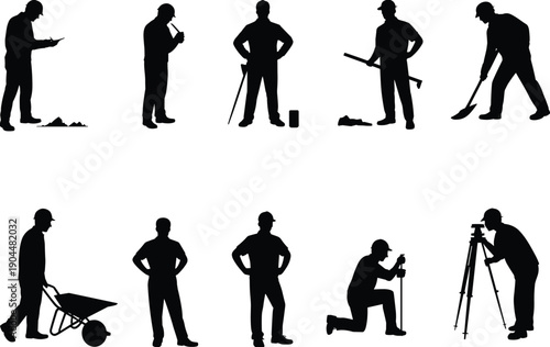 Construction workers silhouettes set, surveyors, engineers, builders, laborers working poses, industrial team collection, equipment, site activities, professional vector illustration design