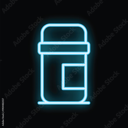 Blue neon sign depicting a protein powder container is glowing on a black background