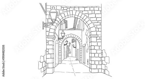 Historic european alleyway with stone arches in linear art style