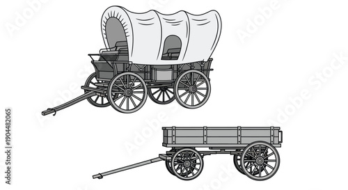 Detailed illustration of a covered wagon and a simple farm cart