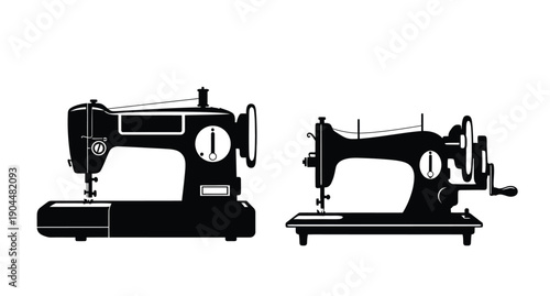 Two black silhouette illustrations of vintage sewing machines side by side
