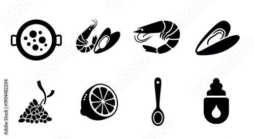Seafood and kitchen icons: shrimp, mussels, lemon, spice, spoon, bottle in bold silhouette style