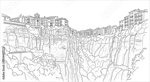 Scenic cliffside town with detailed architectural line art