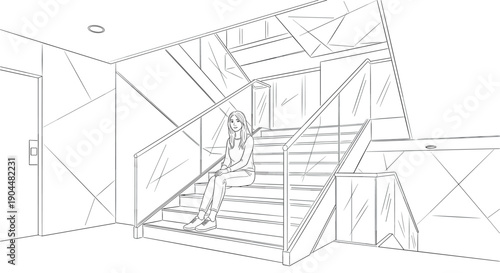 Modern interior space with girl sitting on staircase in linear design
