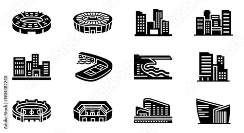 Urban architecture and stadium icons in modern silhouette style