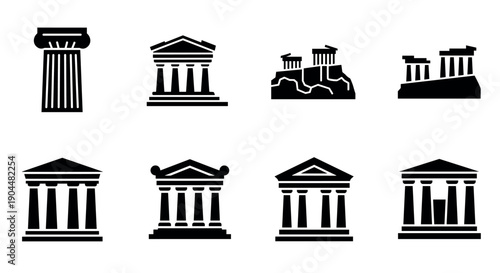 Collection of iconic ancient greek temple silhouettes in black and white