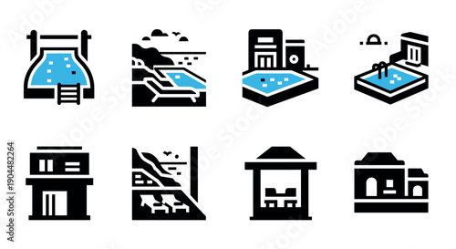 Minimalist poolside and building icons: modern geometric design collection