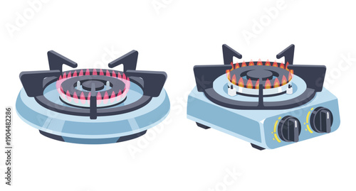 Two gas stovetops with burners and knobs isolated on white background