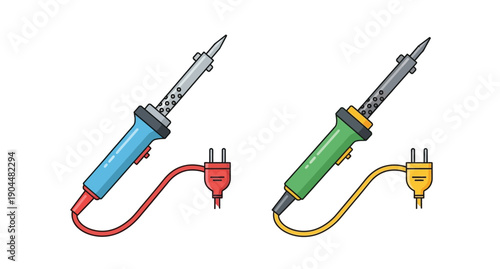 Two colorful soldering irons with power cords are displayed side by side