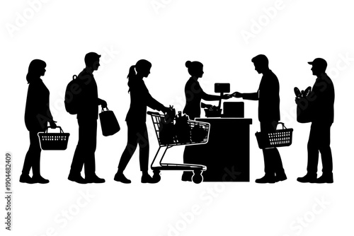 Silhouette of people shopping at checkout counter in grocery store.