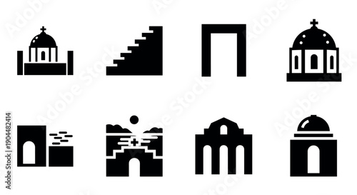 Silhouette icons of mexican landmarks and architecture