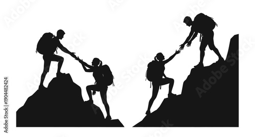 Silhouetted figures helping each other climb a rocky mountainous terrain