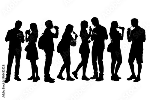Silhouette group: diverse young adults enjoying food together.