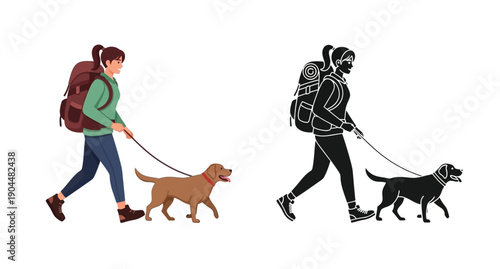 Woman walking her dog shown in color and silhouette views