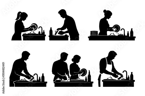 Silhouette illustrations of individuals washing dishes in different poses.
