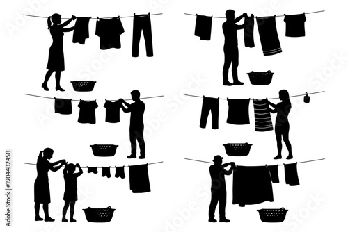Silhouettes of diverse people hanging laundry on clotheslines.