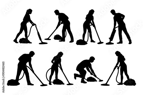 Silhouettes of people vacuuming: diverse poses and actions.