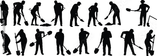 Shovel worker silhouettes collection, manual laborers digging soil, excavation and landscaping workforce, construction maintenance team vector illustration set professional isolated design pack