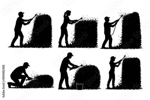 Silhouettes of gardeners trimming shrubs and hedges outdoors.