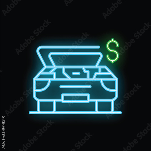 Neon style icon of a car with its trunk open and a money symbol, representing the costs of owning a vehicle