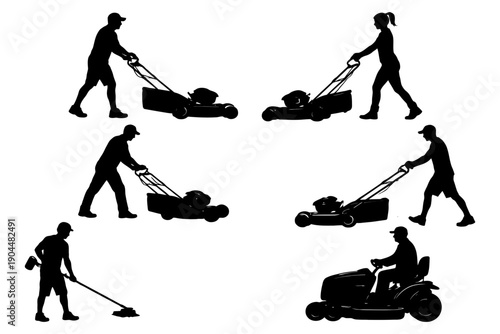 Silhouette illustrations of people mowing lawns with various tools.