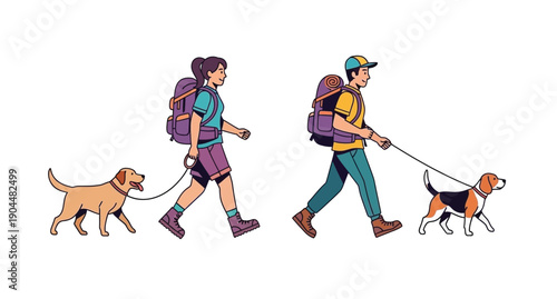 A couple and their dogs enjoy a walk in an outdoor setting