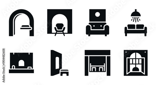 Minimalist furniture icons set for home and office decor in black and white