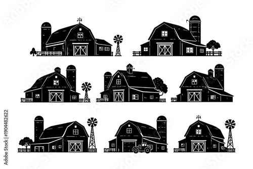 Set of silhouetted barns with silos and windmills in various designs.