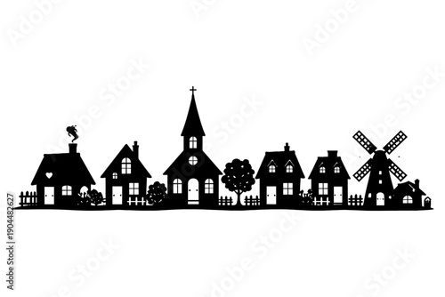 Charming village silhouette with houses, church, windmill, and trees.