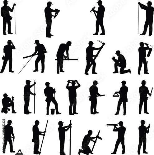 Surveyor and construction engineer silhouettes set, workers measuring, leveling, inspecting infrastructure projects, professional engineering workforce poses, technical vector illustration collection