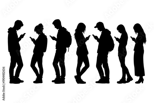 Silhouette of diverse young adults using smartphones in various stances.