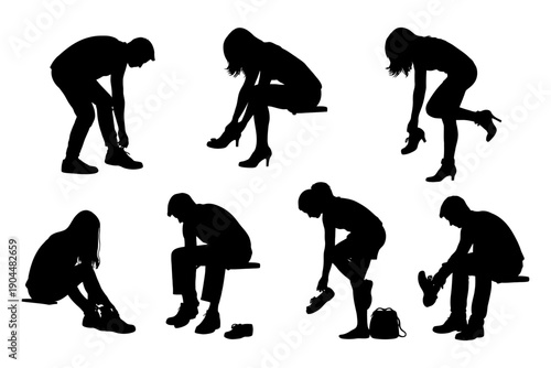 Silhouettes of seated individuals putting on shoes.