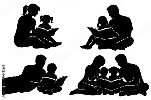 Silhouette of families reading together: adults and children sharing stories.