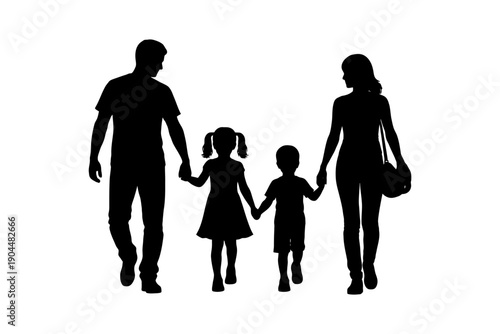 Silhouette of family: caucasian male, female adults with children walking.
