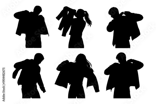 Silhouettes of diverse individuals putting on jackets.
