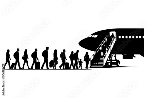 Silhouette of diverse travelers boarding an airplane on tarmac.
