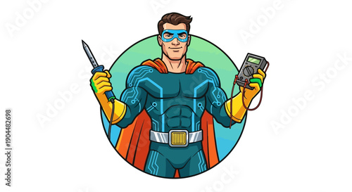 Cartoon emblem of a smiling super technician with repair tools, a powerful and friendly mascot for technology and electrical maintenance services