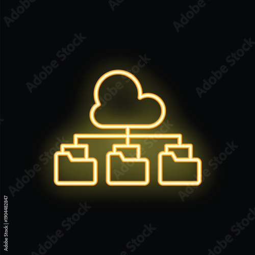 Neon yellow icon of a cloud computing system sharing files on a black background
